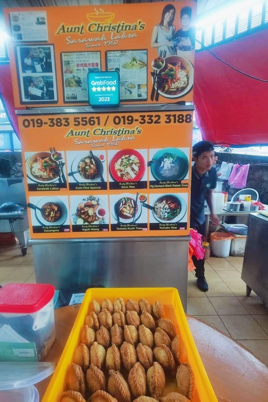 The Aunt Christina's stall signboard at Sea Park kopitiam, showing the menu and the Since 1960 line